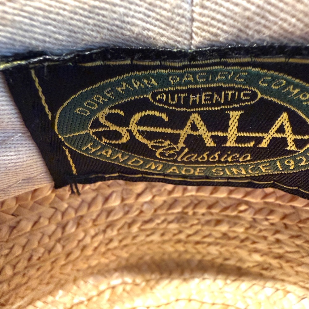 Scala Classica Natural Straw Boater Hat Navy Red Ribbon Bow Skimmer Handmade - Picture 2 of 8